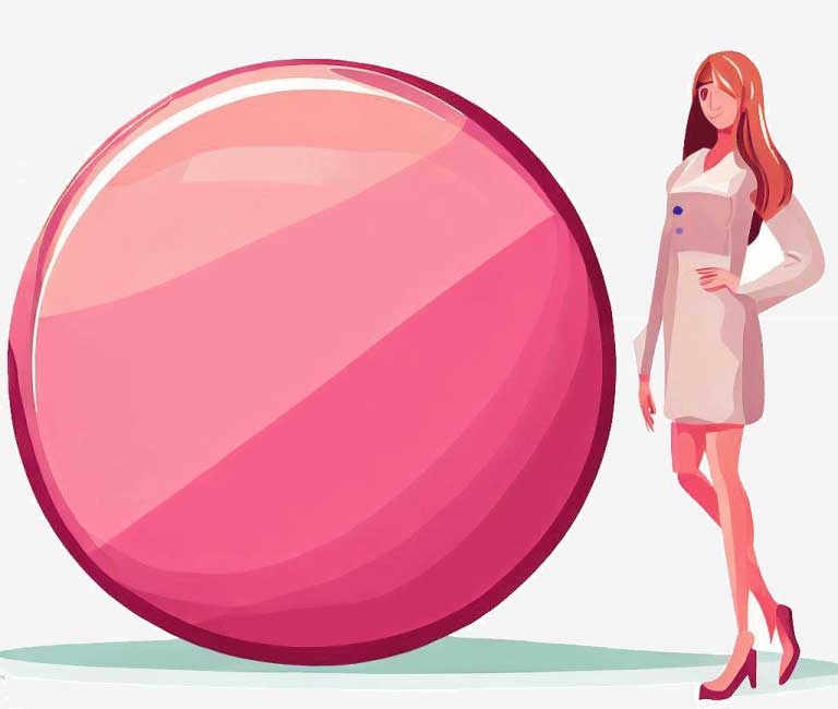 Kobieta stoi obok dużej różowej tabletki